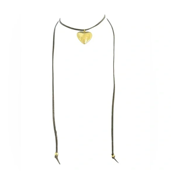 Puffy Gold Heart,Black straps Adjustable Choker Necklace - Picture 4 of 4